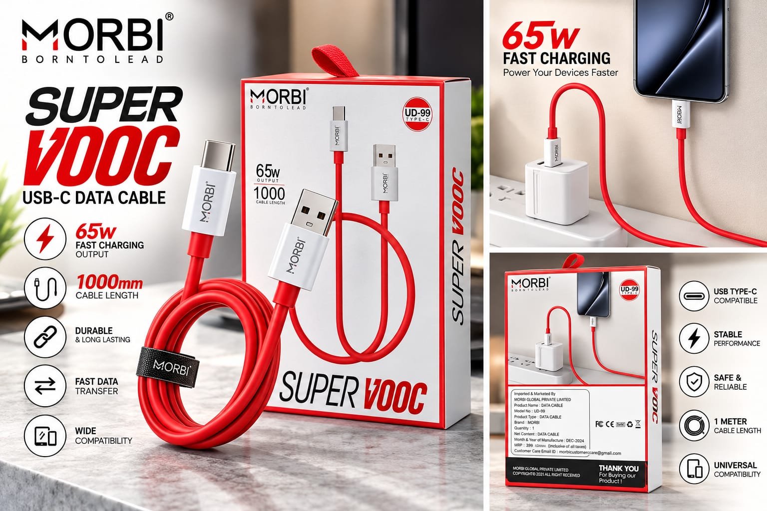 MORBI UD-99 Super VOOC 65w USB Type-C Data Cable